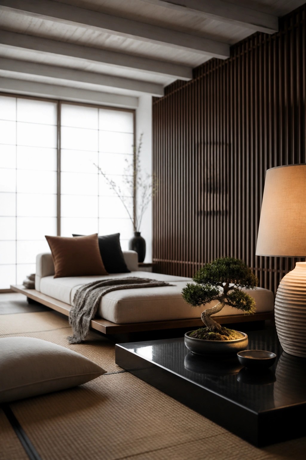 Japanese zen room with bonsai on black table, low sofa on tatami, shoji screens