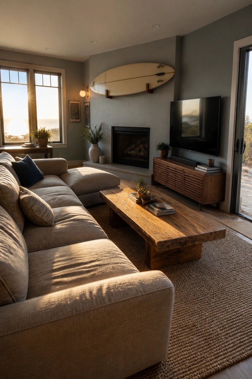 A modern living room with a beige sectional sofa, wooden coffee table, wall-mounted surfboard above a fireplace, and a television on a wooden console.