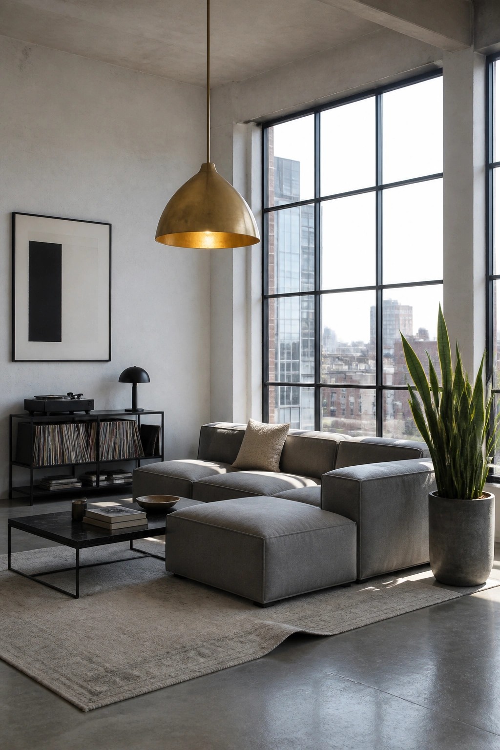 A modern living room with a large gray sectional sofa, black coffee table, brass pendant light, and tall windows with a city view.