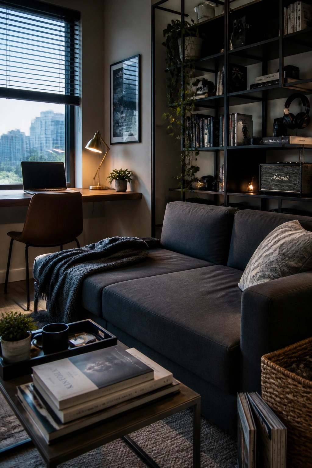 A modern living room with a dark gray sofa, black metal open shelving filled with books and plants, a coffee table stacked with books, and a desk area near a window.