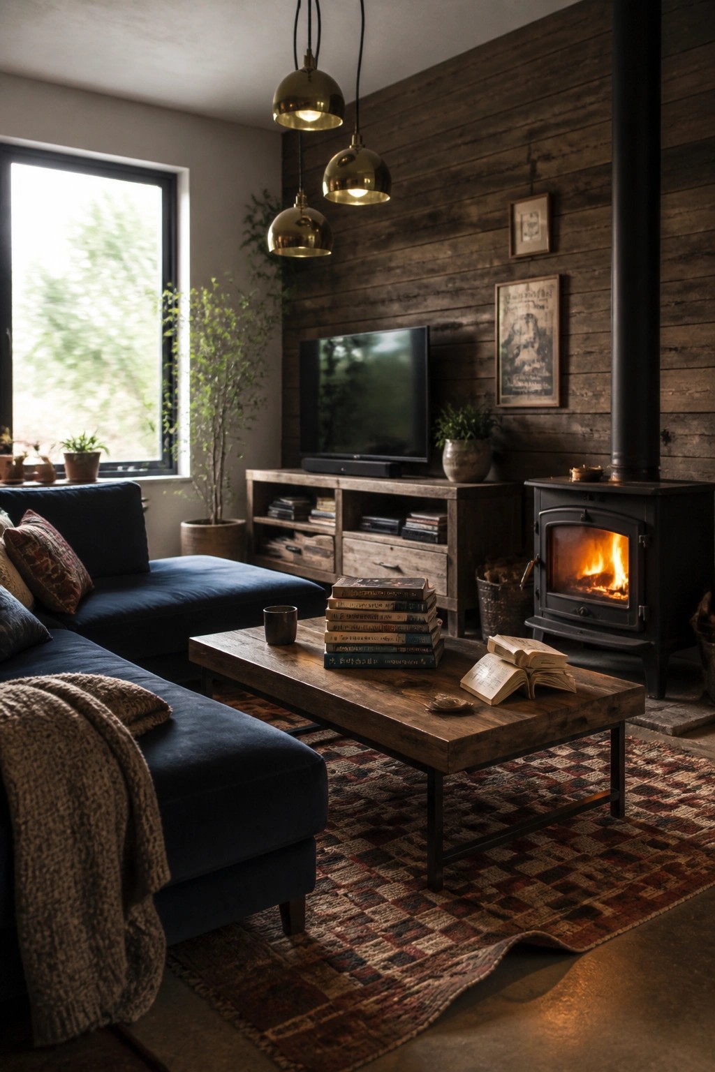 A living room with a blue sectional sofa, wooden coffee table, wall-mounted TV, and black wood stove set against a dark wood accent wall.