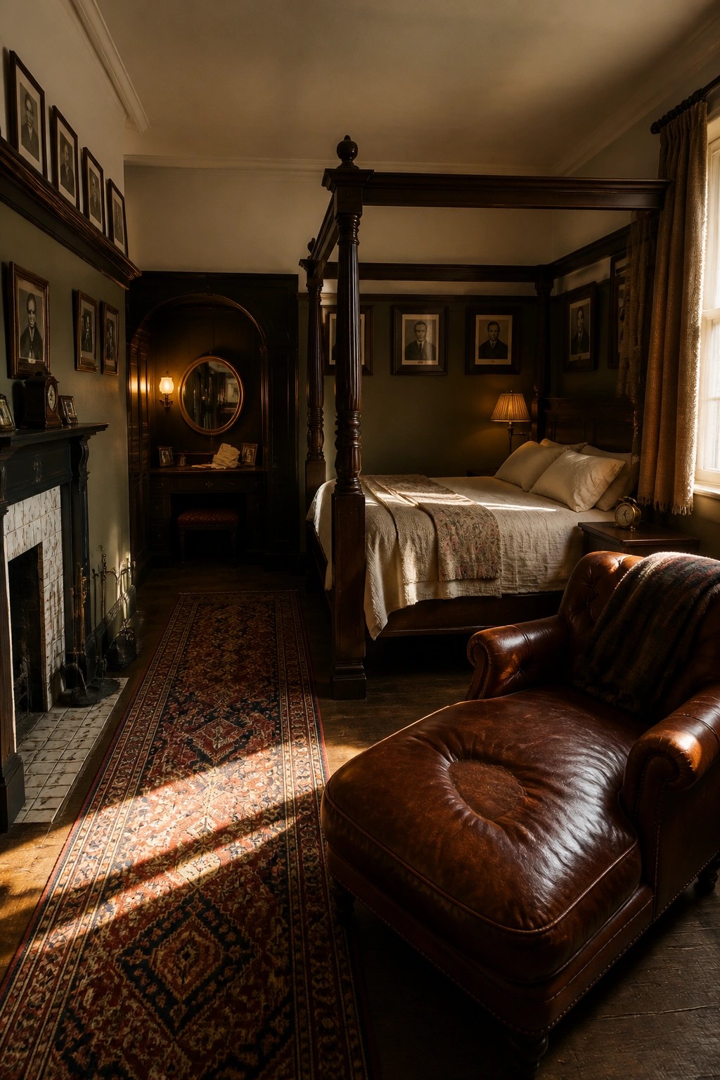 A dimly lit traditional bedroom featuring a dark wood four-poster bed, leather armchair with ottoman, fireplace, patterned rug, and framed portraits on the walls.