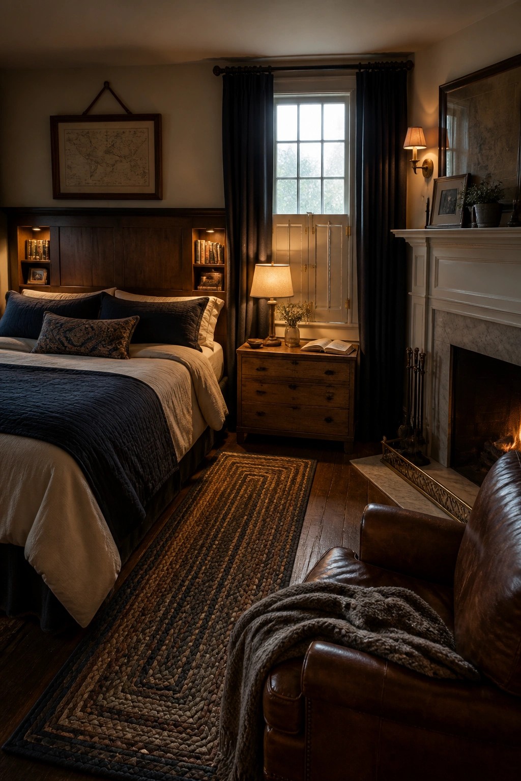 A traditional bedroom with a bed flanked by built-in wooden bookcases, dark blue bedding, a window with curtains, a wooden dresser, and a fireplace on the right side.