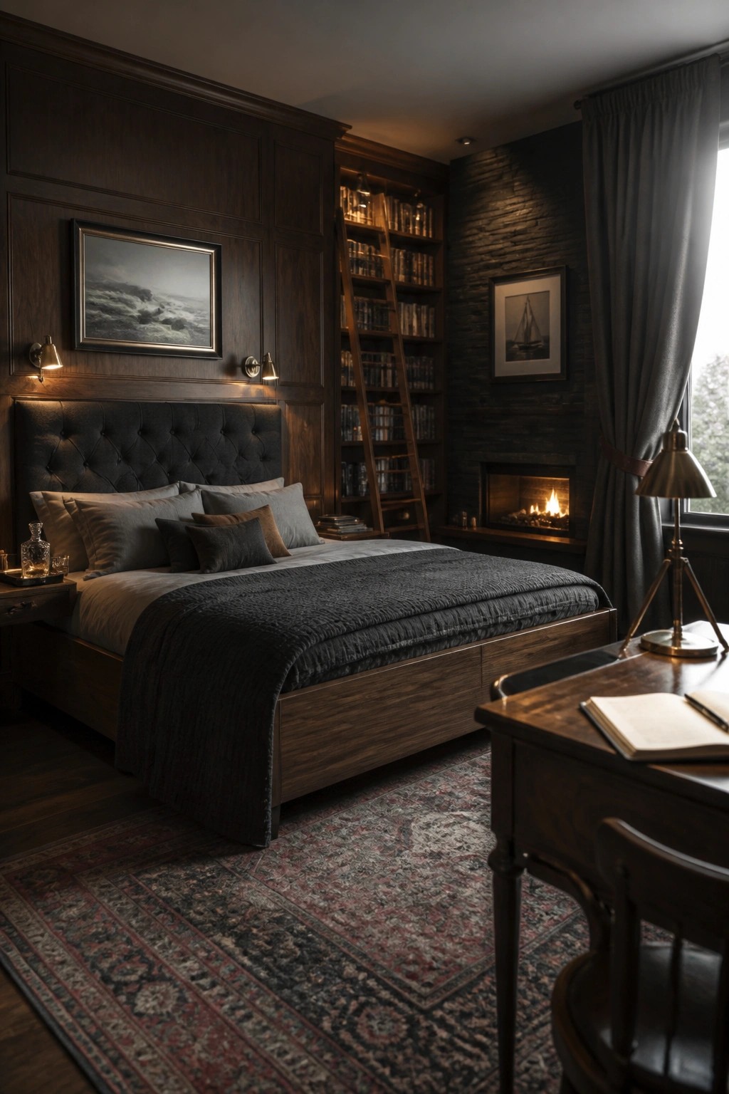 A dimly lit traditional bedroom featuring a large bed with dark bedding, extensive built-in wooden bookshelves with a ladder, a stone fireplace, and a patterned rug on the floor.