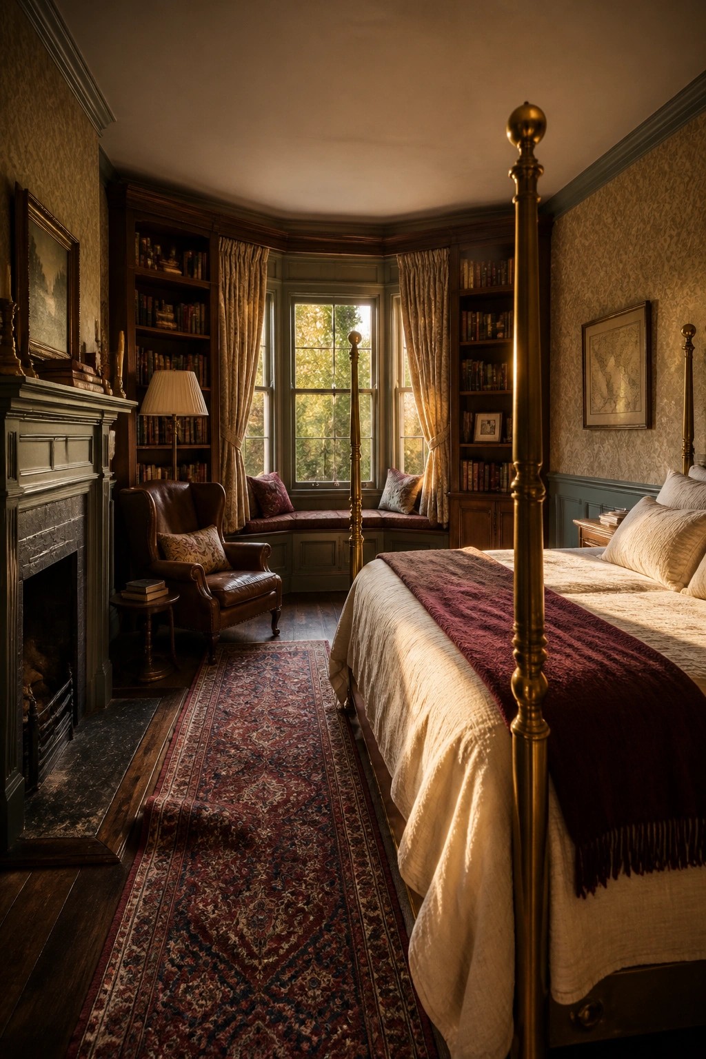 A classic bedroom with a four-poster bed, built-in bookshelves flanking a bay window with a seat, a fireplace on the left, and a leather armchair on a patterned rug.
