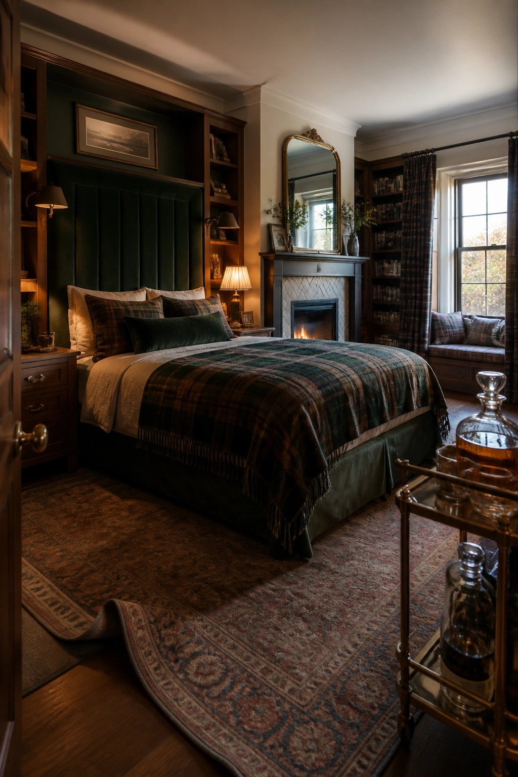 Elegant dark green bedroom with plaid bedding, fireplace, bookshelves, and bar cart