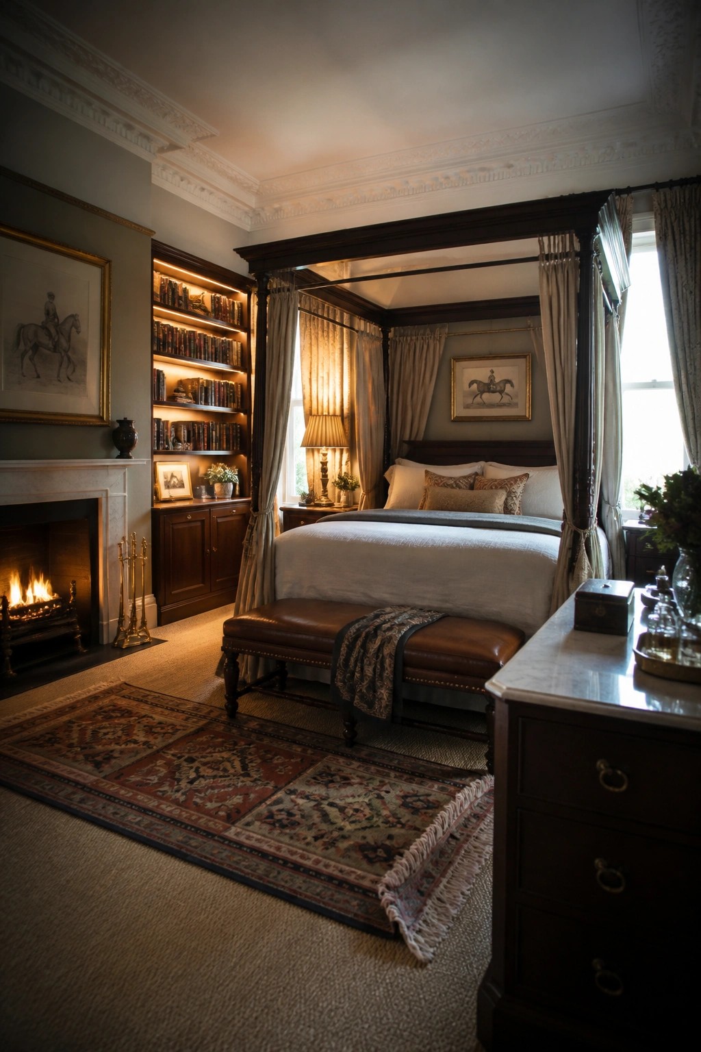 A classic bedroom featuring a dark wood four-poster bed, built-in illuminated bookshelves filled with books, a marble fireplace, and a patterned rug on the carpet.