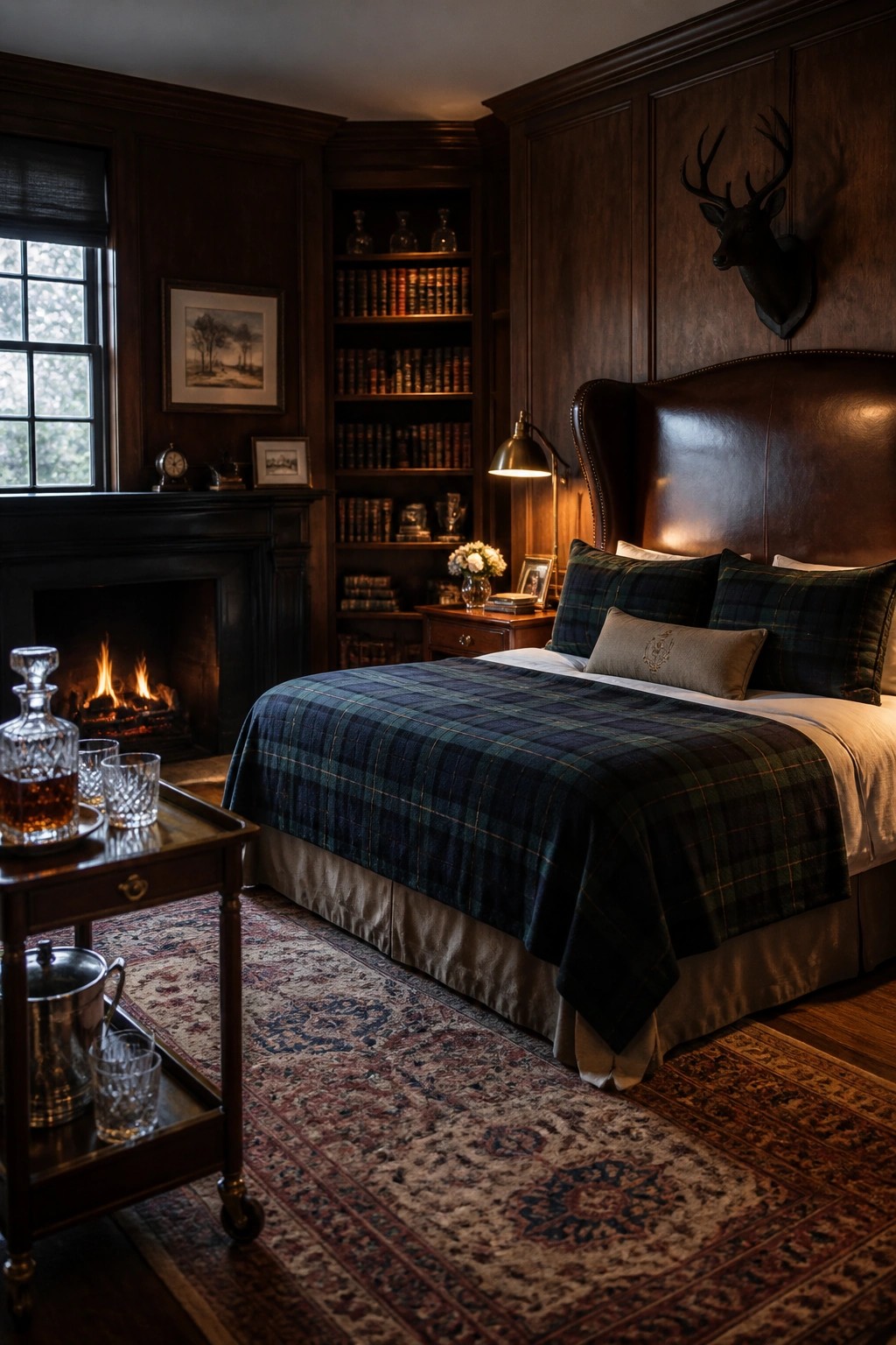 A traditional bedroom with dark wood paneling, built-in bookshelves filled with books, a large bed with plaid bedding, a fireplace, and a mounted deer head on the wall.