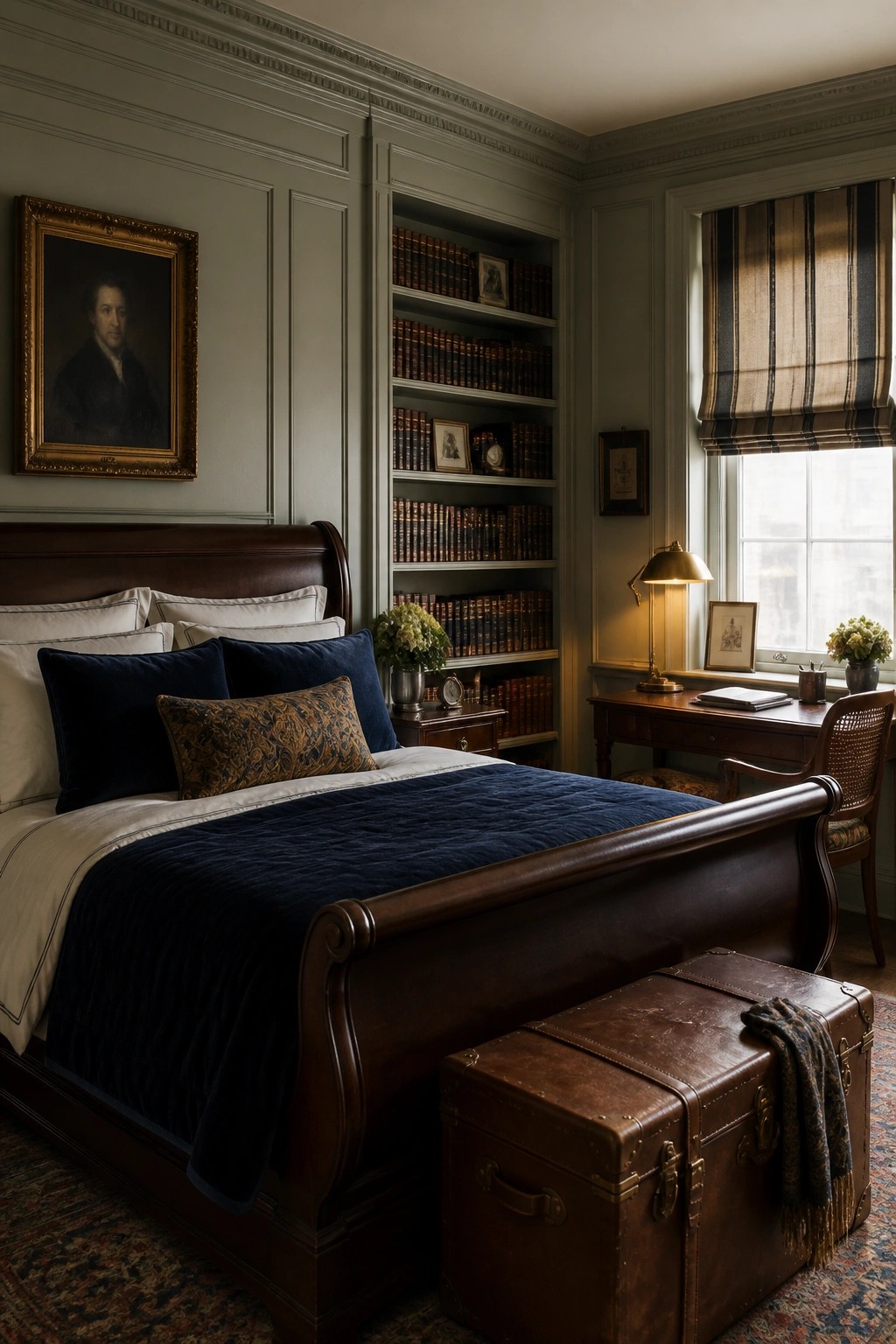 A bedroom with a dark wood sleigh bed, built-in bookshelves filled with books, a desk under the window, and a vintage trunk at the foot of the bed.