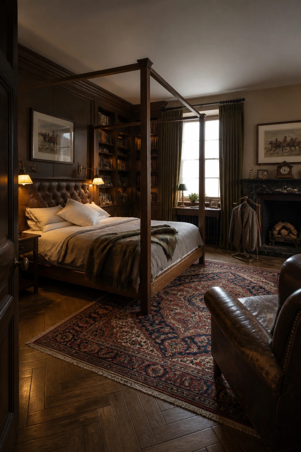 Elegant bedroom with four-poster bed, bookshelves, fireplace, leather chair, and patterned rug.
