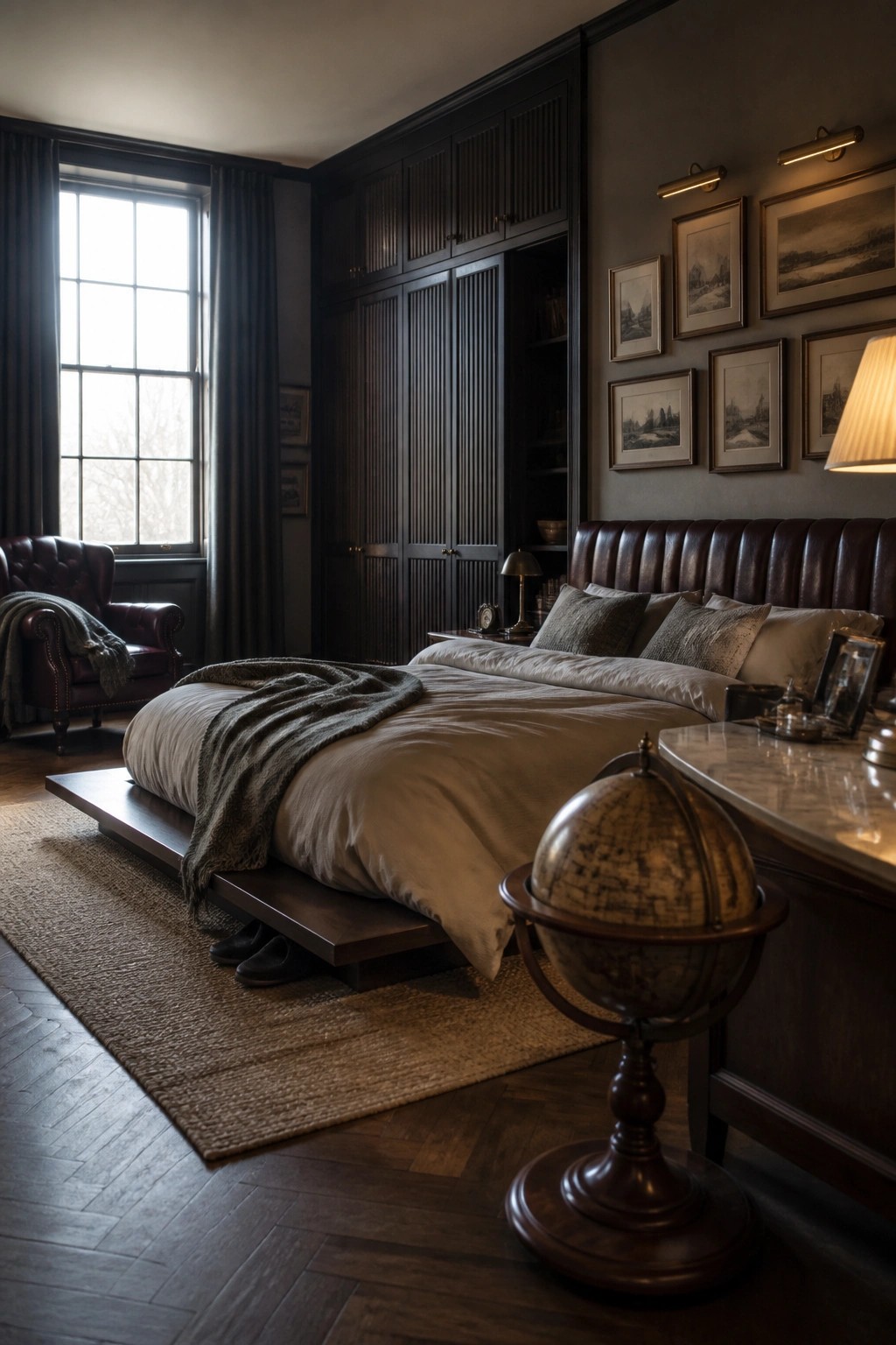 A bedroom featuring a large dark wood built-in wardrobe with fluted panels, a low platform bed with a leather headboard, and a vintage globe in the foreground.