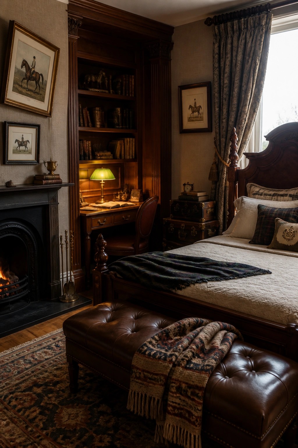 Elegant dark wood bedroom with fireplace, built-in bookshelves, leather benches, and equestrian art.