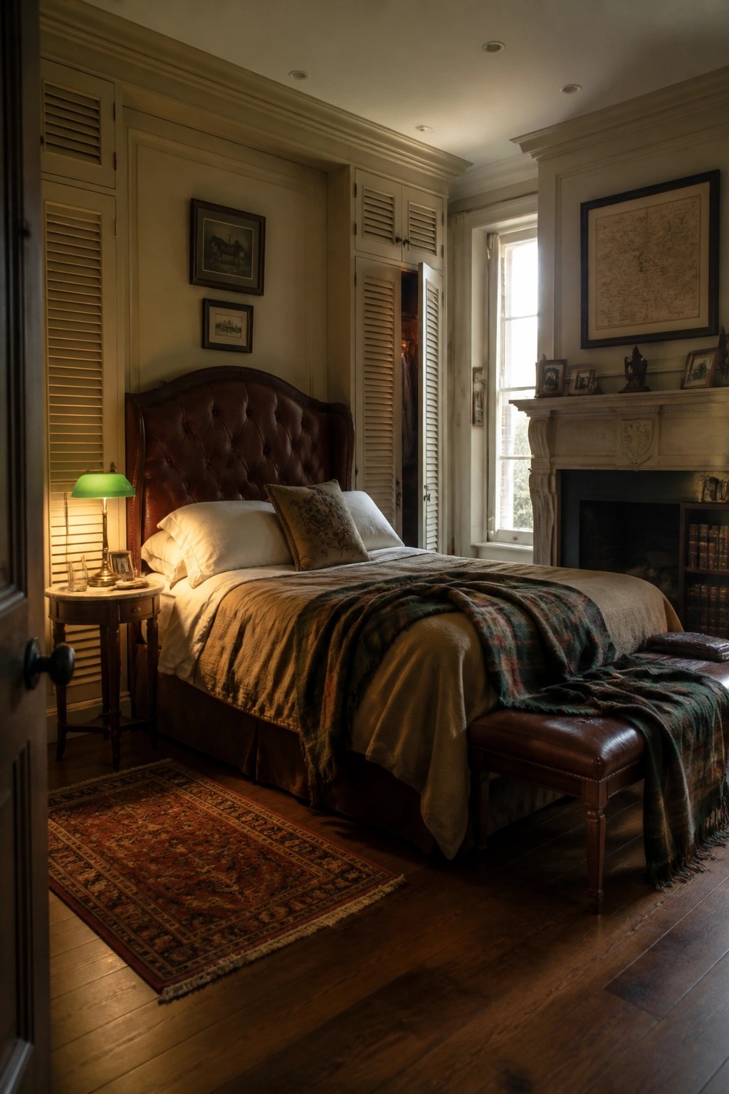 A bedroom with a large bed against built-in cabinets with louvered shutters, a brown leather headboard, and a fireplace to the right.