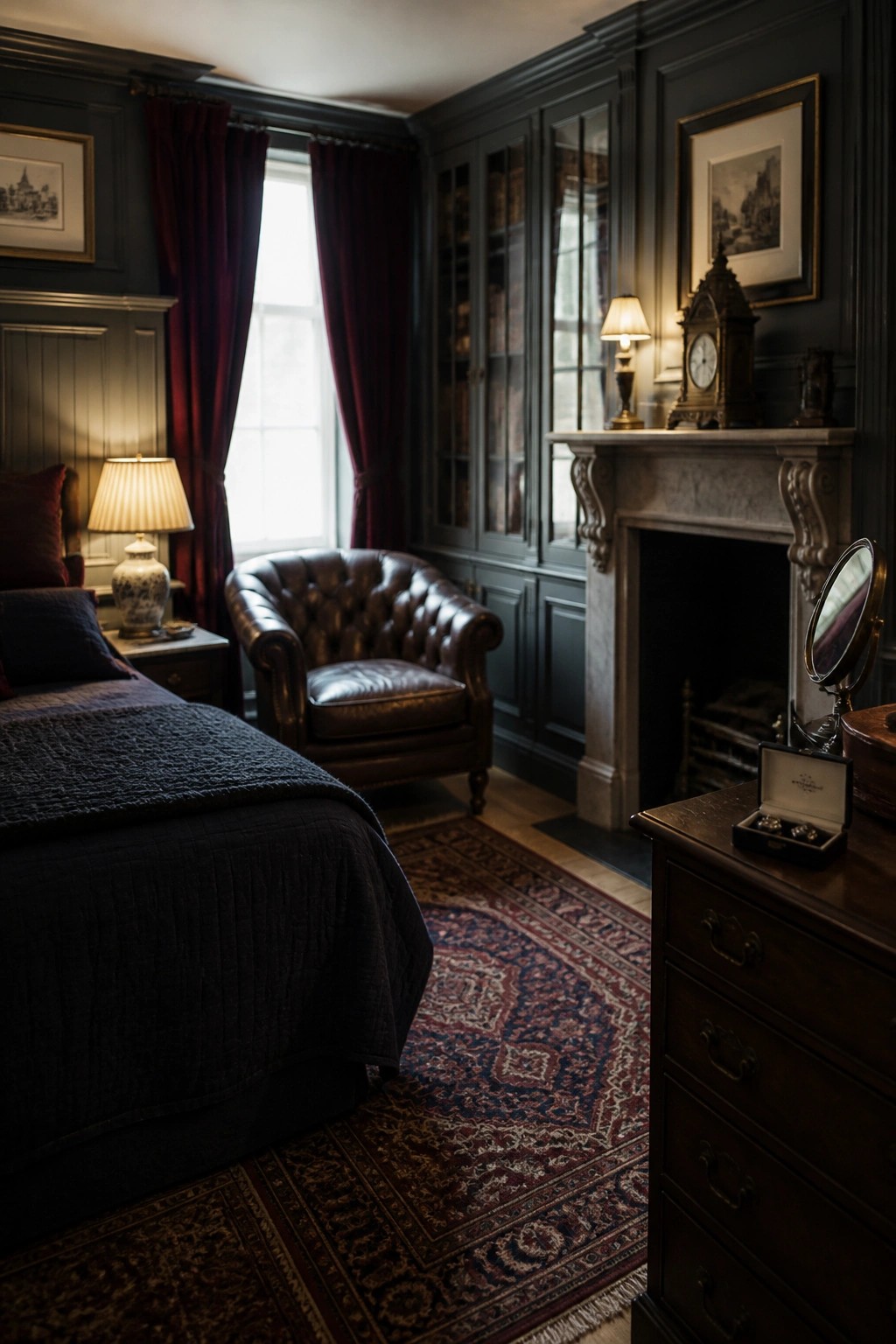 Luxurious dark-paneled bedroom with leather armchair, fireplace, and Persian rug