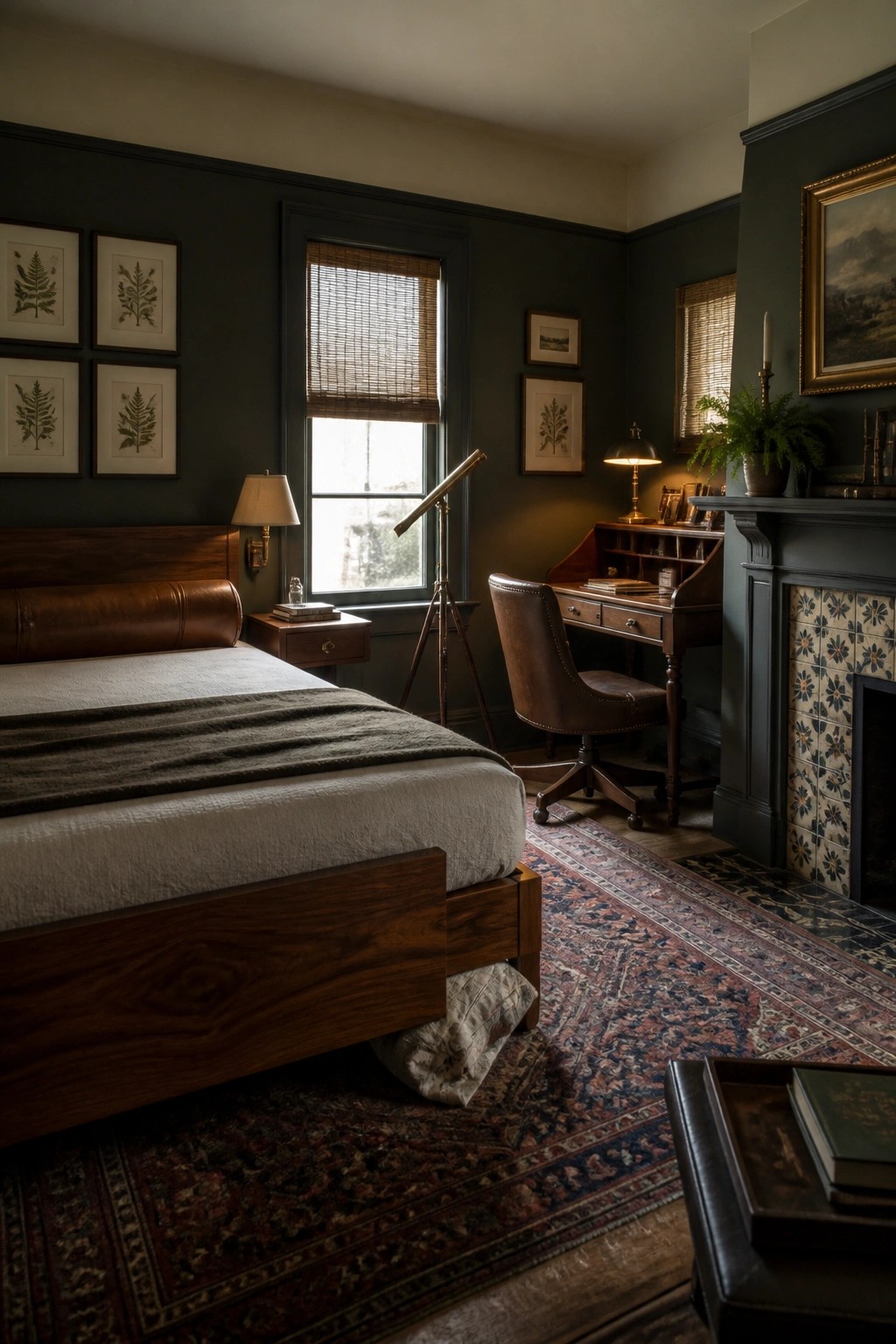Dark green bedroom with wooden bed, telescope, desk, leather chair, and tiled fireplace.