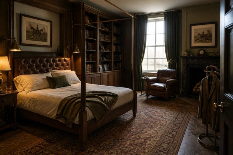 20 Classic Gentleman Bedroom Ideas for a Warm Traditional Look Elegant bedroom with four-poster bed, bookshelves, fireplace, leather chair, and patterned rug.