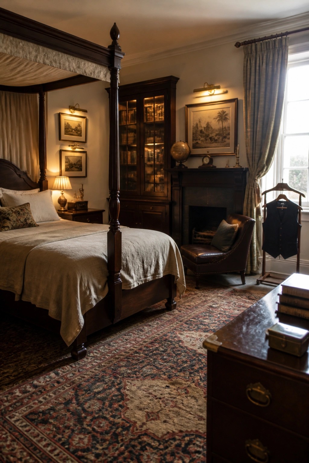 Elegant dark-wood bedroom with four-poster bed, fireplace, bookshelves, and ornate rug.