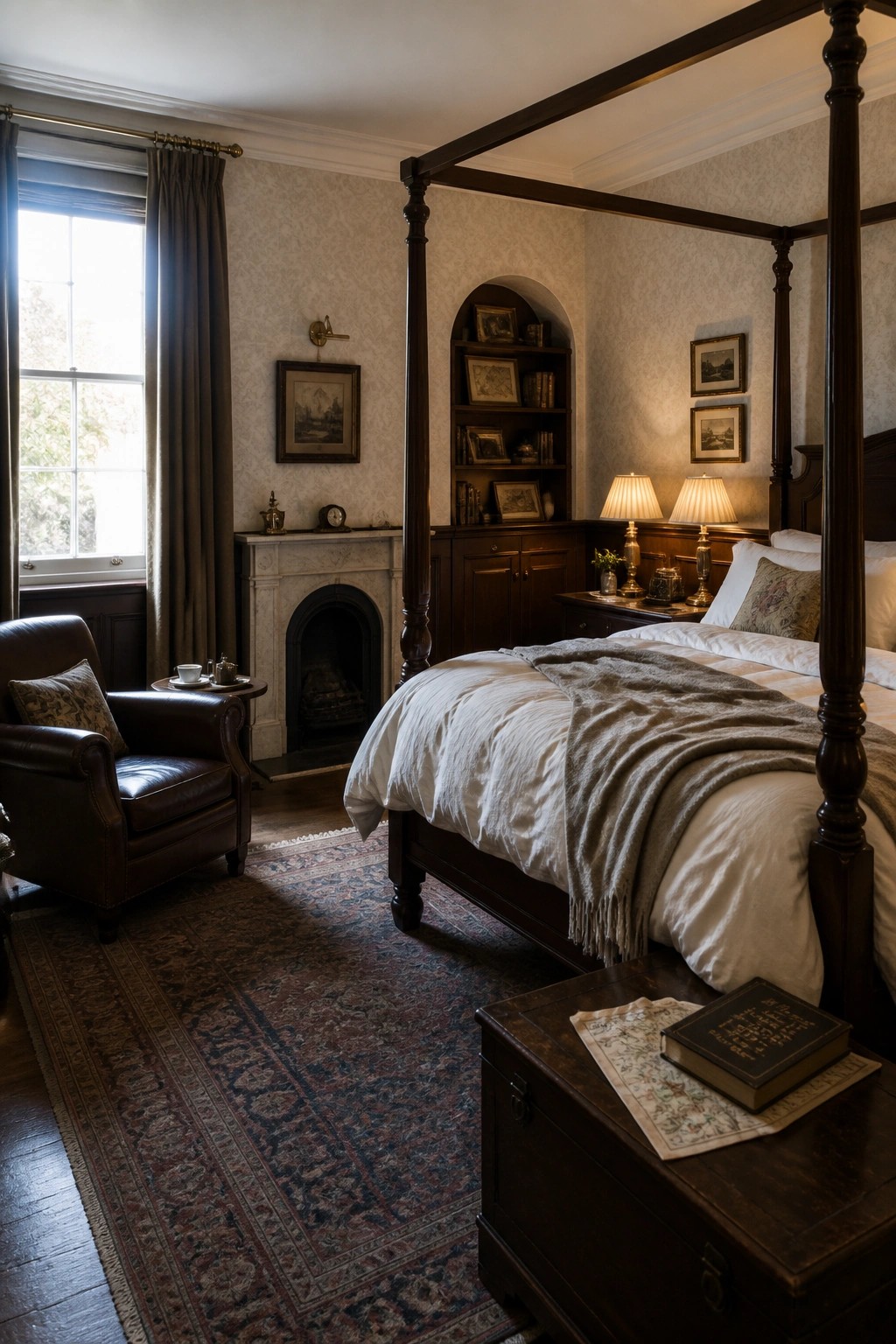 A bedroom with a dark wood four-poster bed, white bedding, a leather armchair, fireplace, and patterned rug.