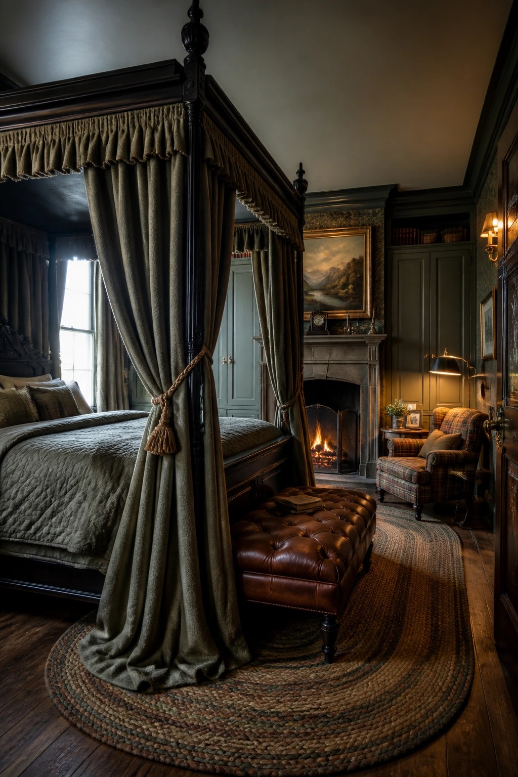 A dimly lit traditional bedroom centered on a dark wood four-poster bed with olive green curtains tied back, a brown leather ottoman in front, a lit fireplace, and a plaid armchair to the side.