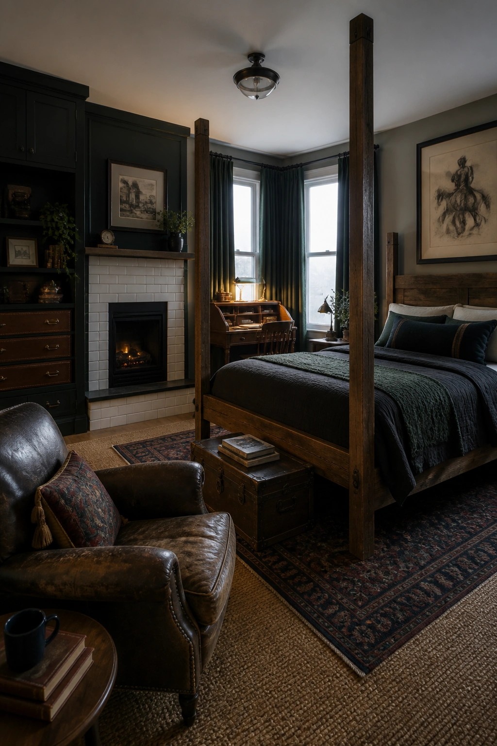A dimly lit traditional bedroom with a dark wood four-poster bed, a brown leather armchair in the foreground, a white-tiled fireplace, and patterned rugs on the floor.