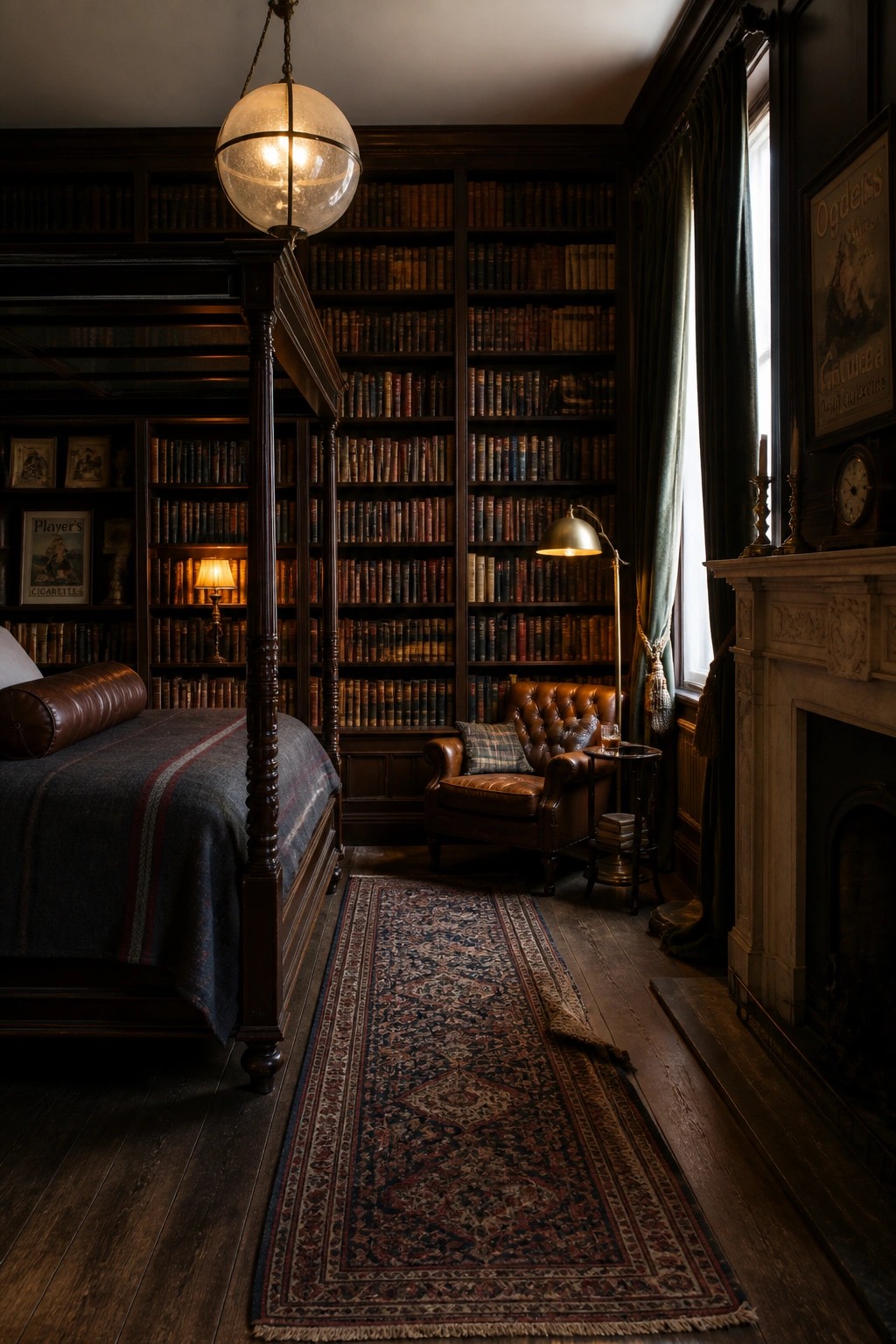 A traditional bedroom featuring dark wood four-poster bed, floor-to-ceiling built-in bookshelves filled with books, leather armchair, fireplace, and patterned rug.