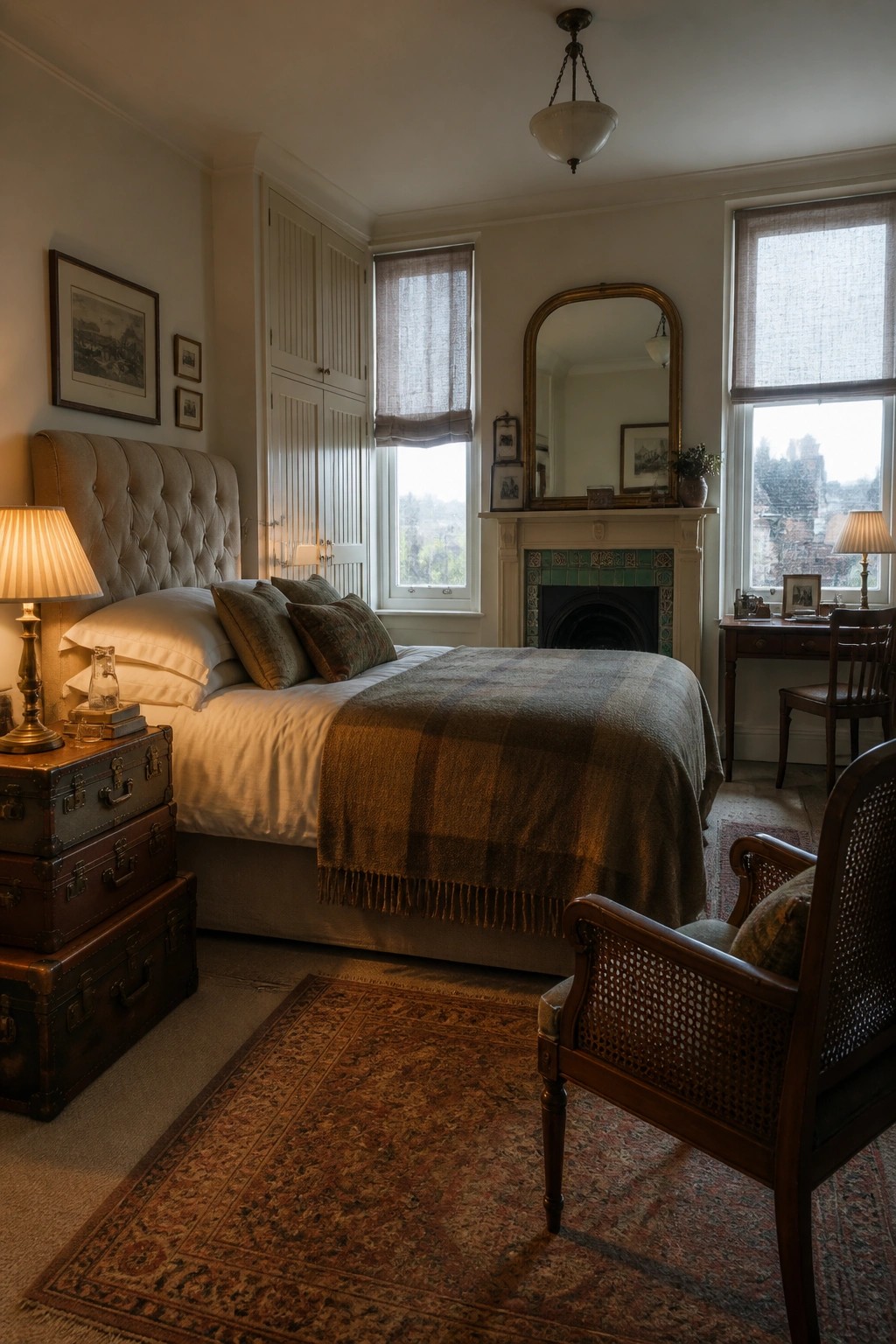 A bedroom interior showing a bed with white linens and a plaid throw, a tufted headboard, and stacked vintage trunks serving as a nightstand on the left.