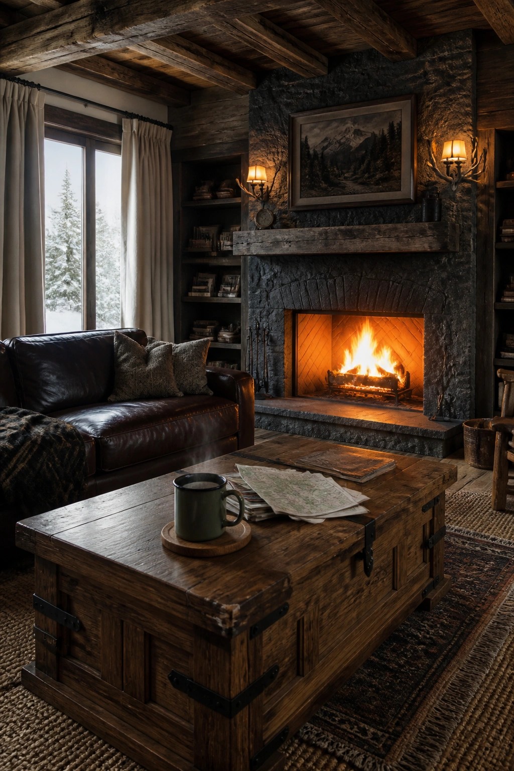 A cozy living room with a large stone fireplace, burning fire, dark leather sofa, wooden ceiling beams, and a rustic trunk coffee table in the foreground.