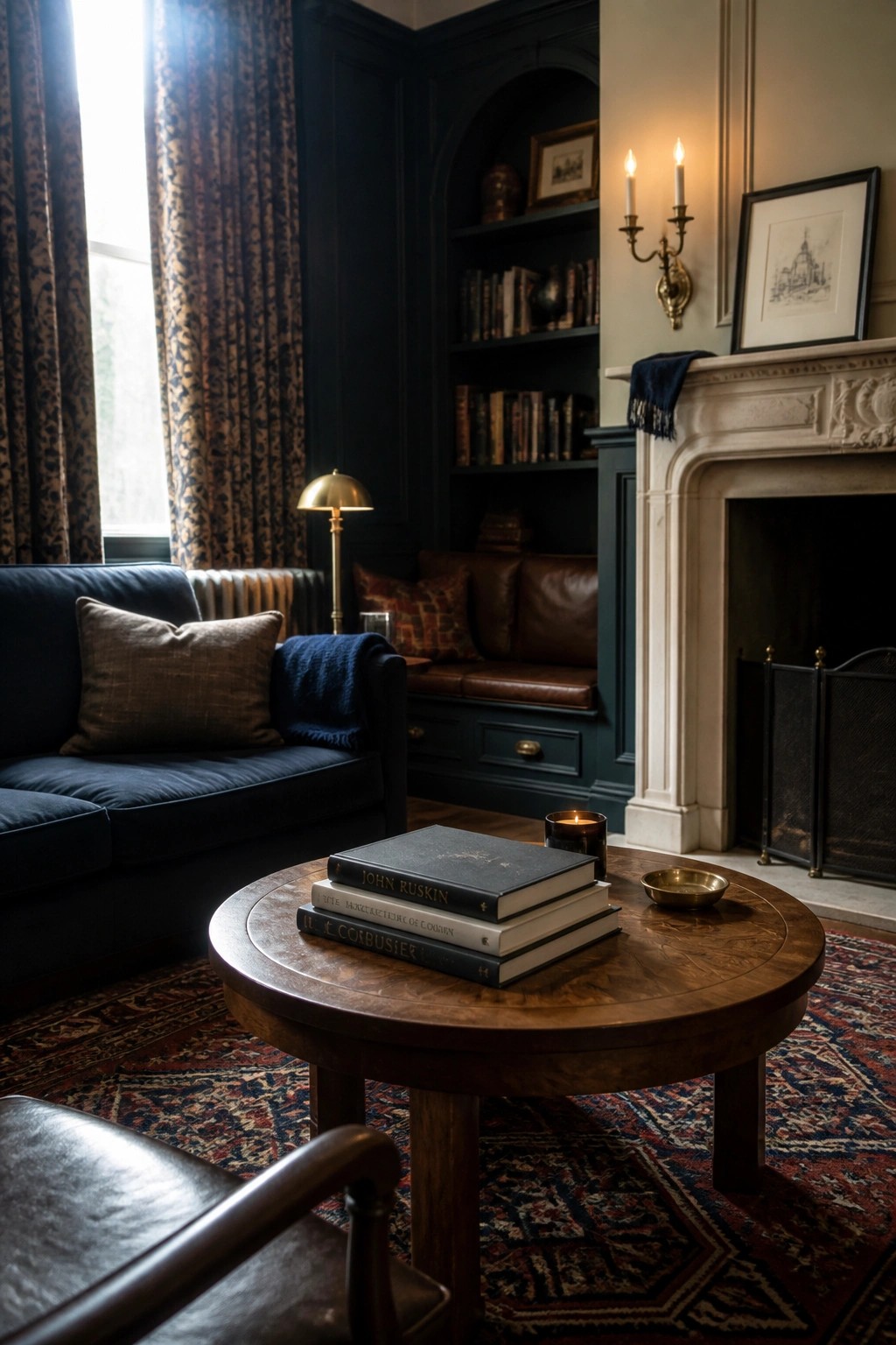 A cozy living room with dark blue walls, a built-in arched bookshelf filled with books, a navy sofa, a round wooden coffee table, and a white fireplace mantel.