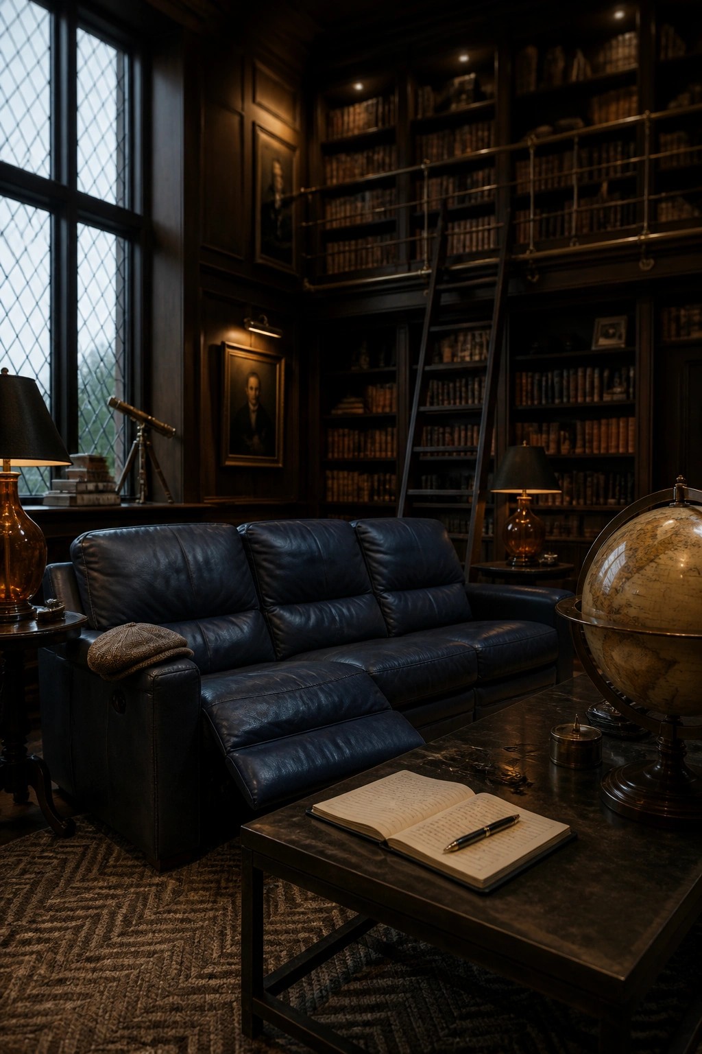 Leather sofa in dark library with globe, bookshelves, ladder, and open book.