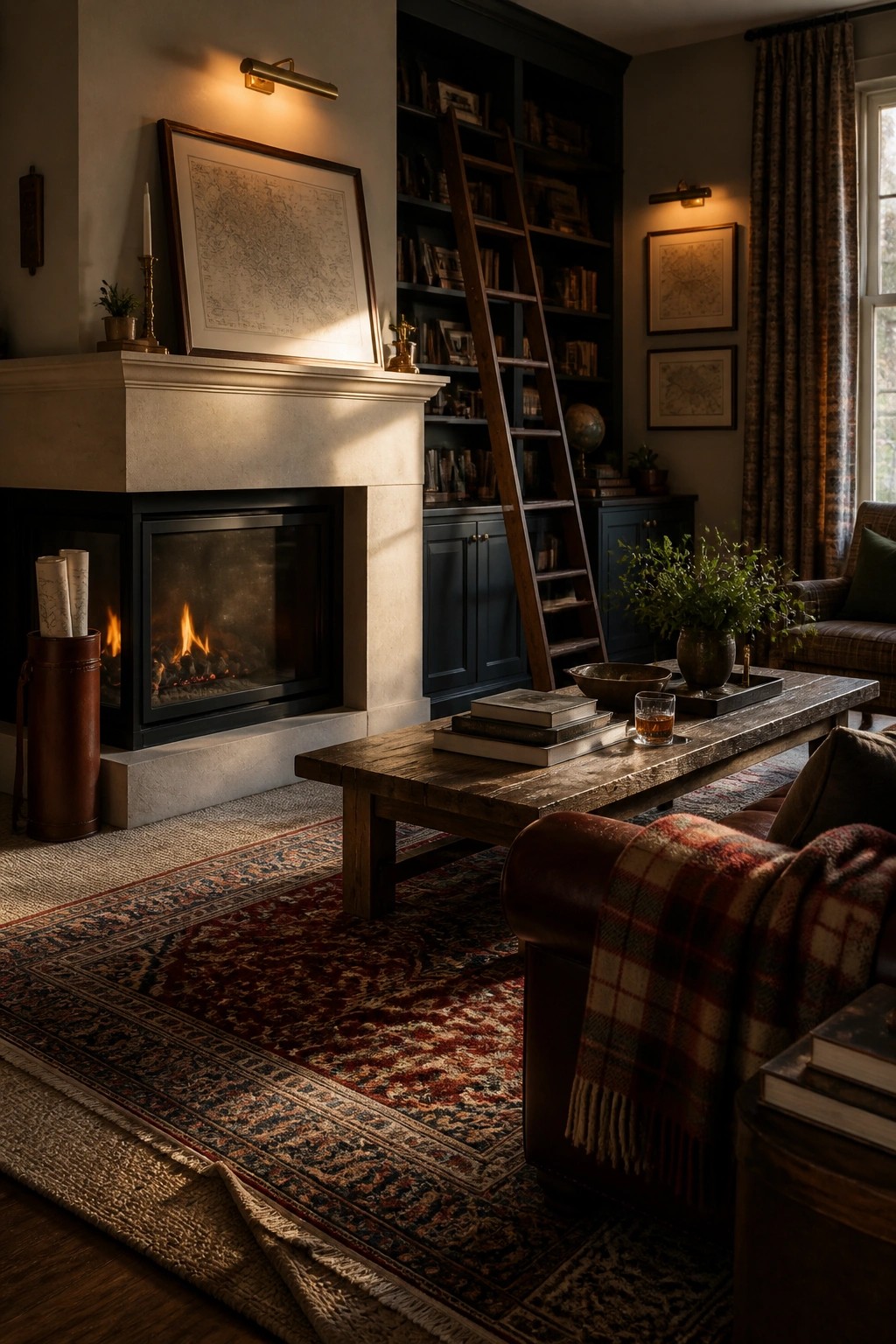 A living room with a stone fireplace, dark built-in bookshelves holding books and decor, a wooden ladder leaning against the shelves, a rustic coffee table, and leather seating on patterned rugs.