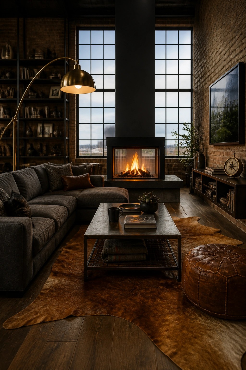 A modern living room with a dark sectional sofa, metal coffee table on a cowhide rug, and a central black fireplace with a visible fire, set against brick walls and large windows.