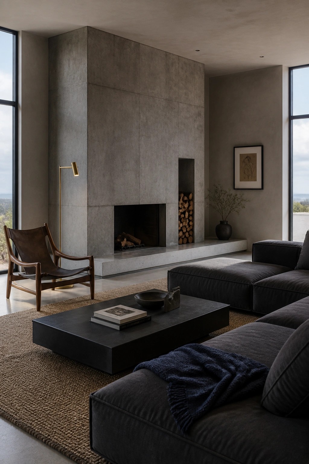 A spacious living room with a large gray concrete fireplace wall that includes a recessed firewood storage area, a dark modular sofa, a brown leather sling chair, and a black coffee table on a woven rug.