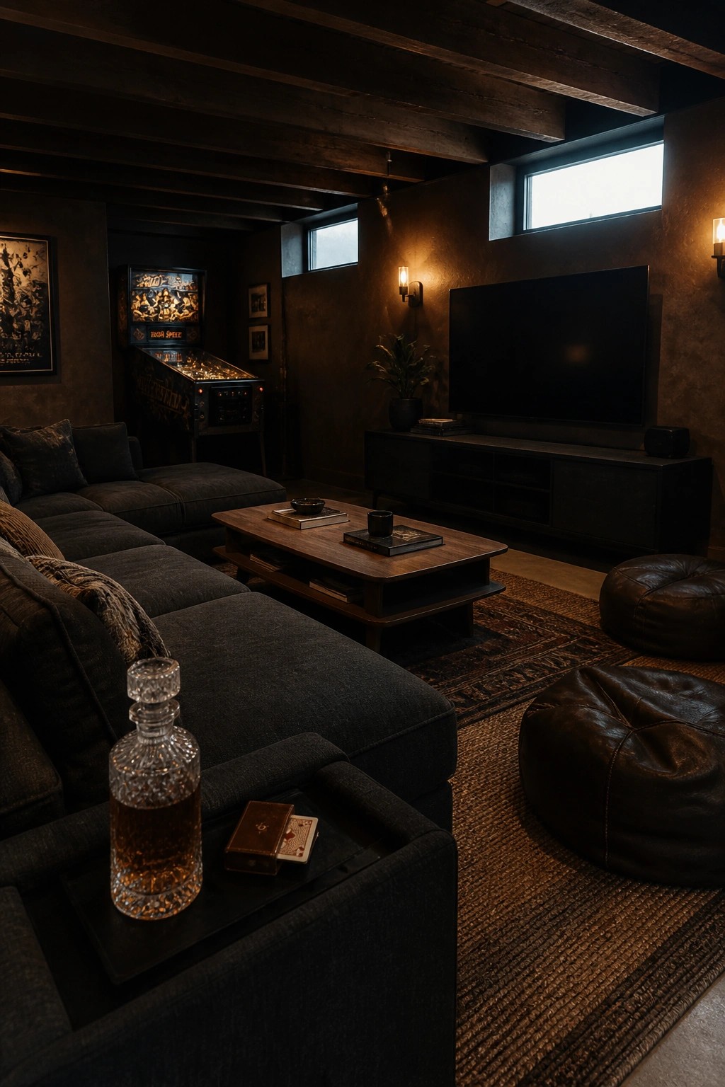 A dimly lit living room featuring dark walls, a large sectional sofa, a wooden coffee table, a television on a media console, and two brown leather poufs on a patterned rug.