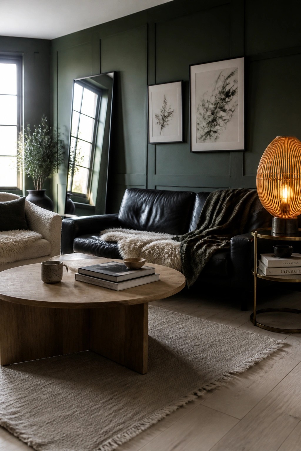A living room with dark green paneled walls, a black leather sofa with sheepskin throws, a round wooden coffee table, and framed black and white art above the sofa.