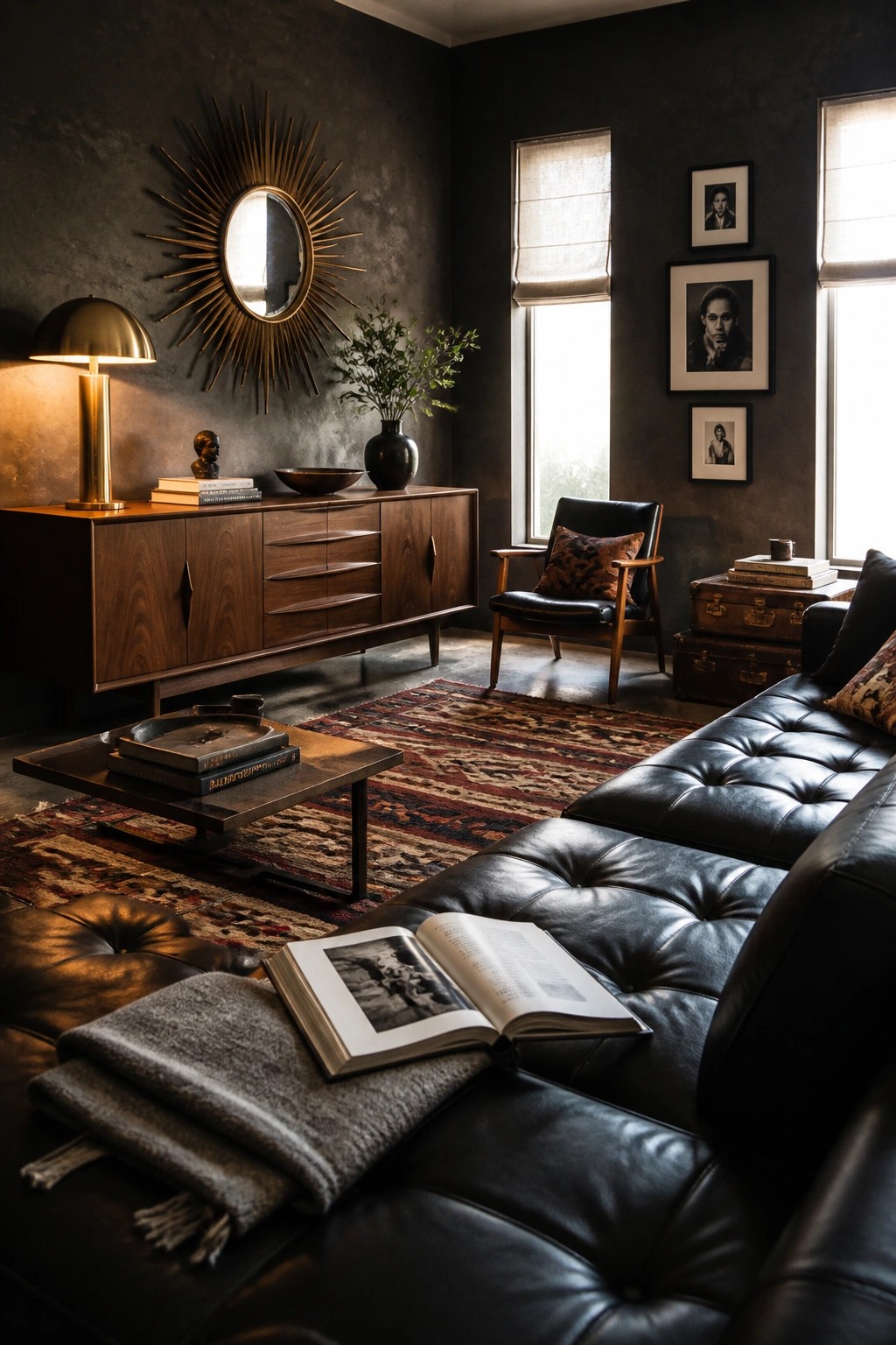 A living room with a black tufted leather sofa, an open book on it, a wooden coffee table, a wooden sideboard topped with a sunburst mirror and brass lamp, and a black leather armchair near two windows.