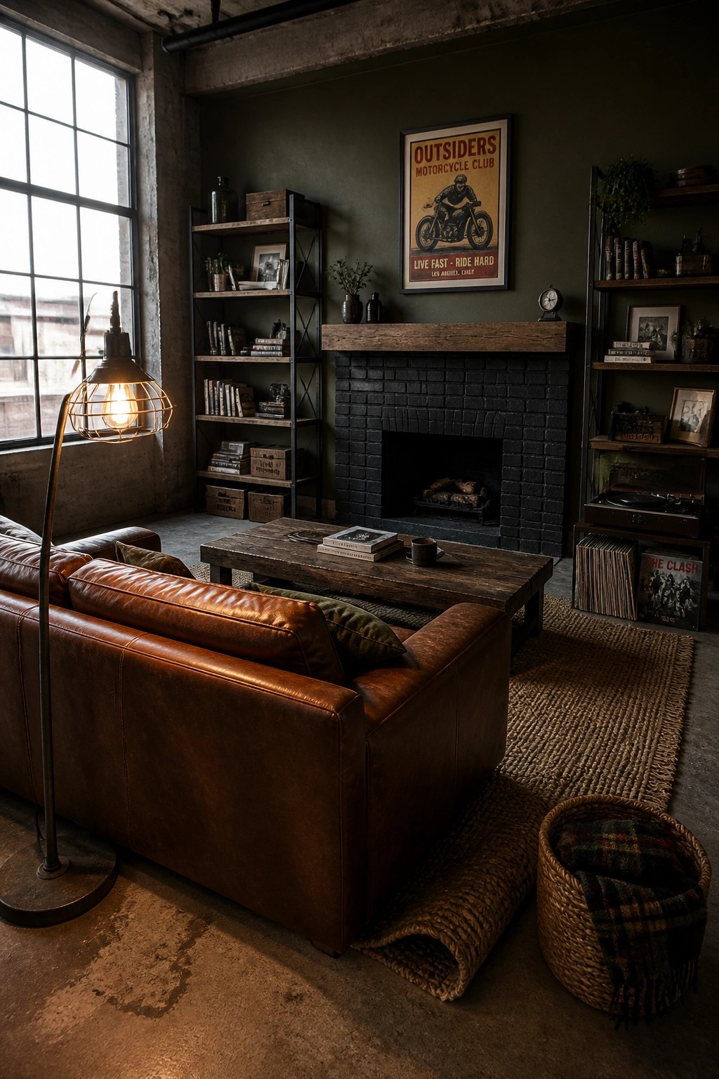 A living room with a brown leather sofa, dark green walls, black brick fireplace, wooden coffee table, and an industrial floor lamp.