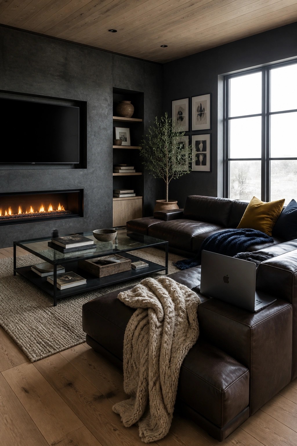 A modern living room with dark gray walls, a brown leather sectional sofa, a glass coffee table, a fireplace with TV above it, and built-in shelves.