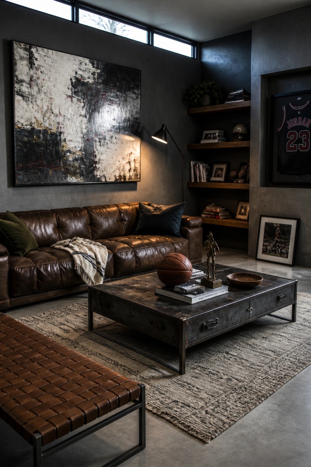 A living room with dark gray walls, a brown leather sofa, a metal coffee table, and sports-themed decor including a basketball and framed jersey.