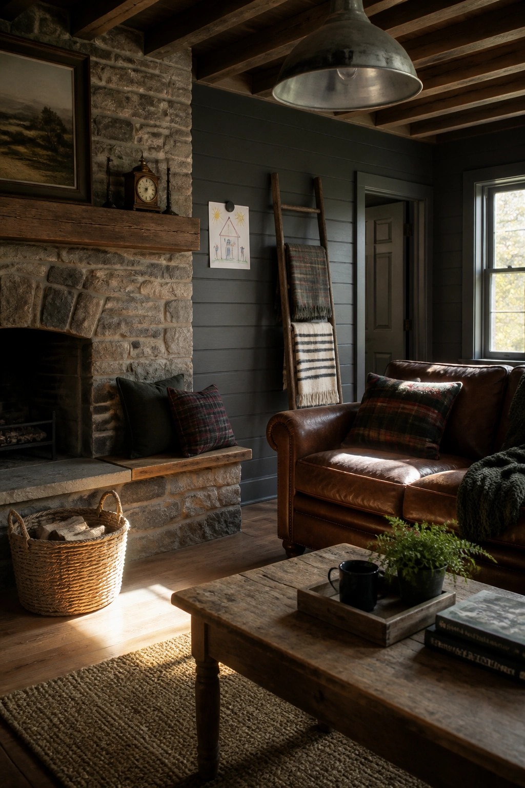 A living room featuring a stone fireplace, brown leather sofa with plaid pillows, dark gray walls, wooden beams, and a wooden coffee table.