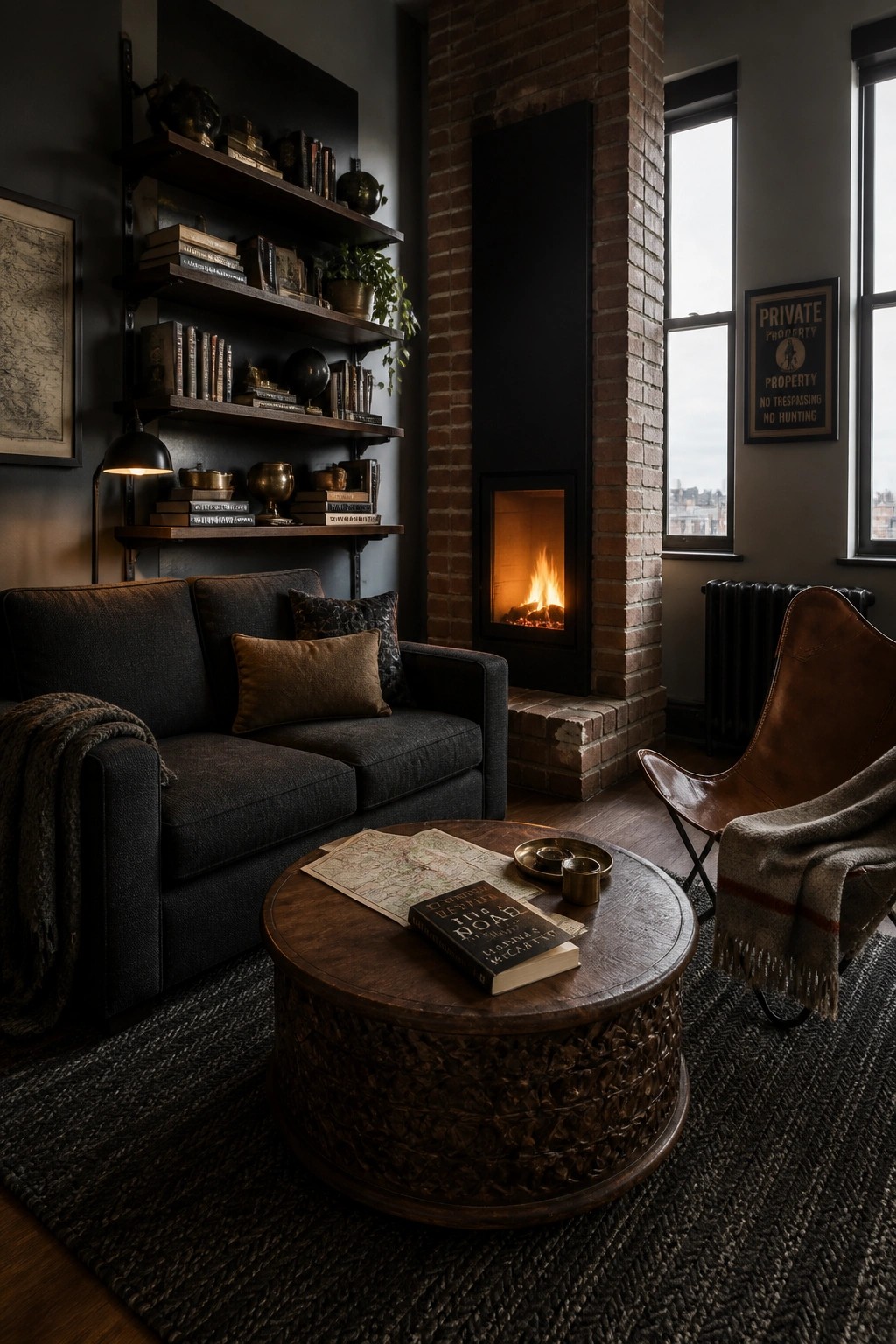A masculine living room with dark walls, wall-mounted wooden shelves filled with books, a dark sofa, round wood coffee table, leather chair, and a brick fireplace with a fire burning.