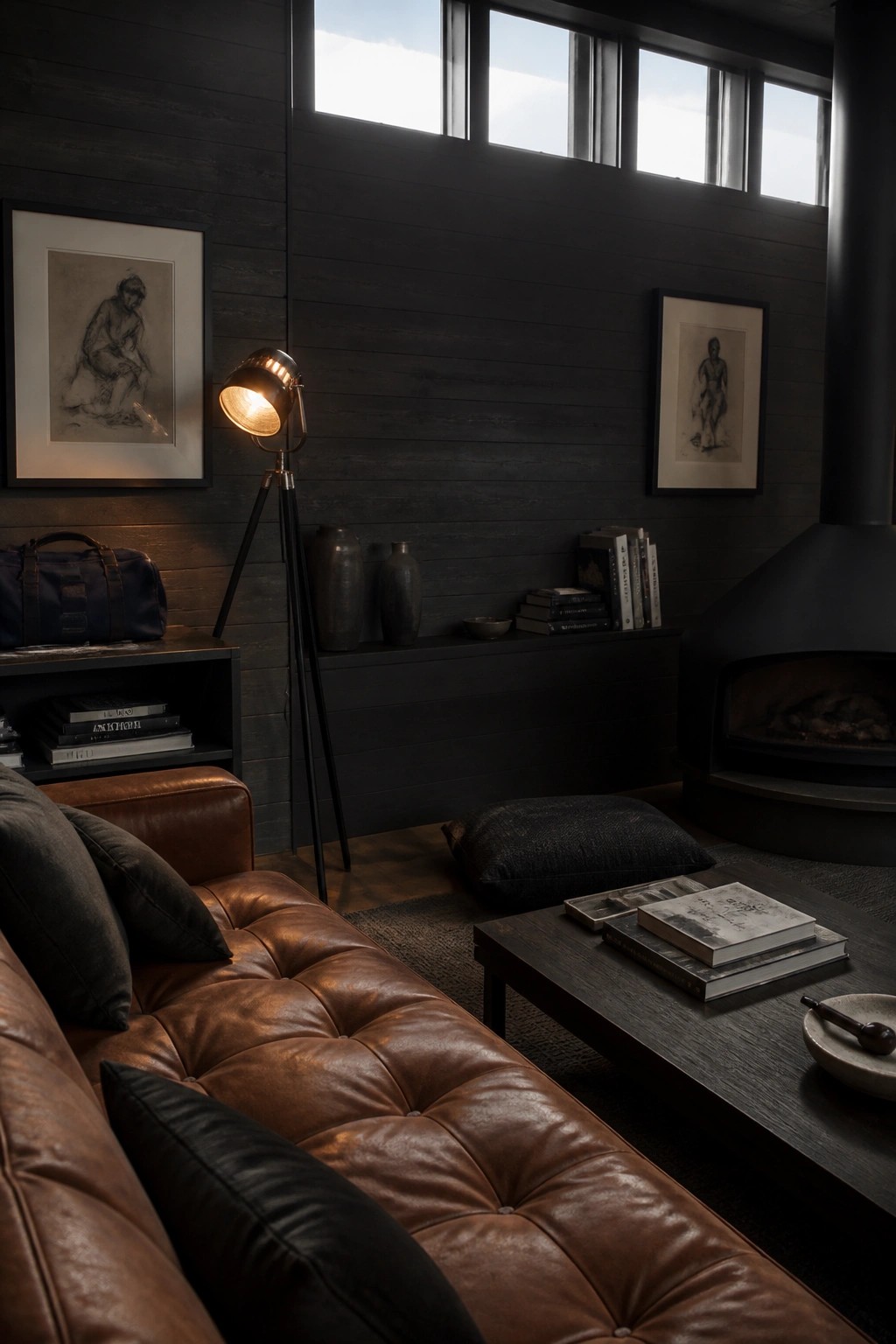 Interior view of a living room with dark wood walls, a brown leather tufted sofa, a black fireplace, framed sketches, and a tripod floor lamp.