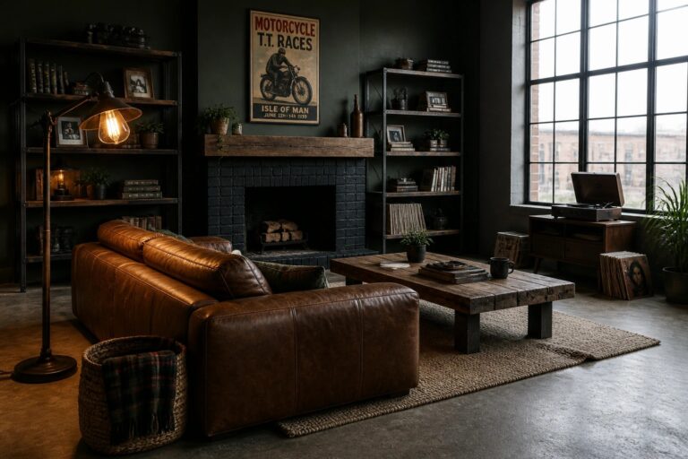 20 Cozy Masculine Living Room Ideas That Balance Comfort and Style A living room with a brown leather sofa, dark green walls, black brick fireplace, wooden coffee table, and an industrial floor lamp.