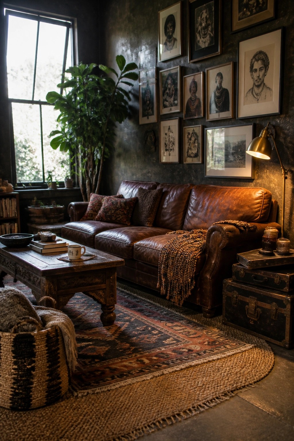A living room featuring a brown leather sofa against a dark textured wall filled with a gallery of framed portraits, a wooden coffee table in front, and a large window on the left.