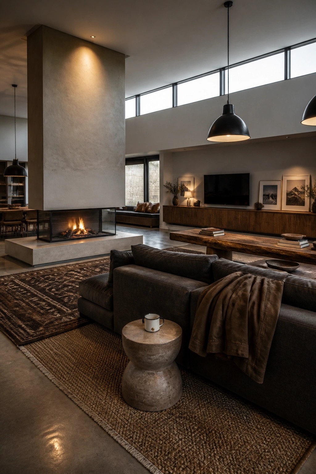 A spacious modern living room with a tall concrete fireplace, dark sectional sofa, wooden coffee table, and layered rugs on concrete flooring.