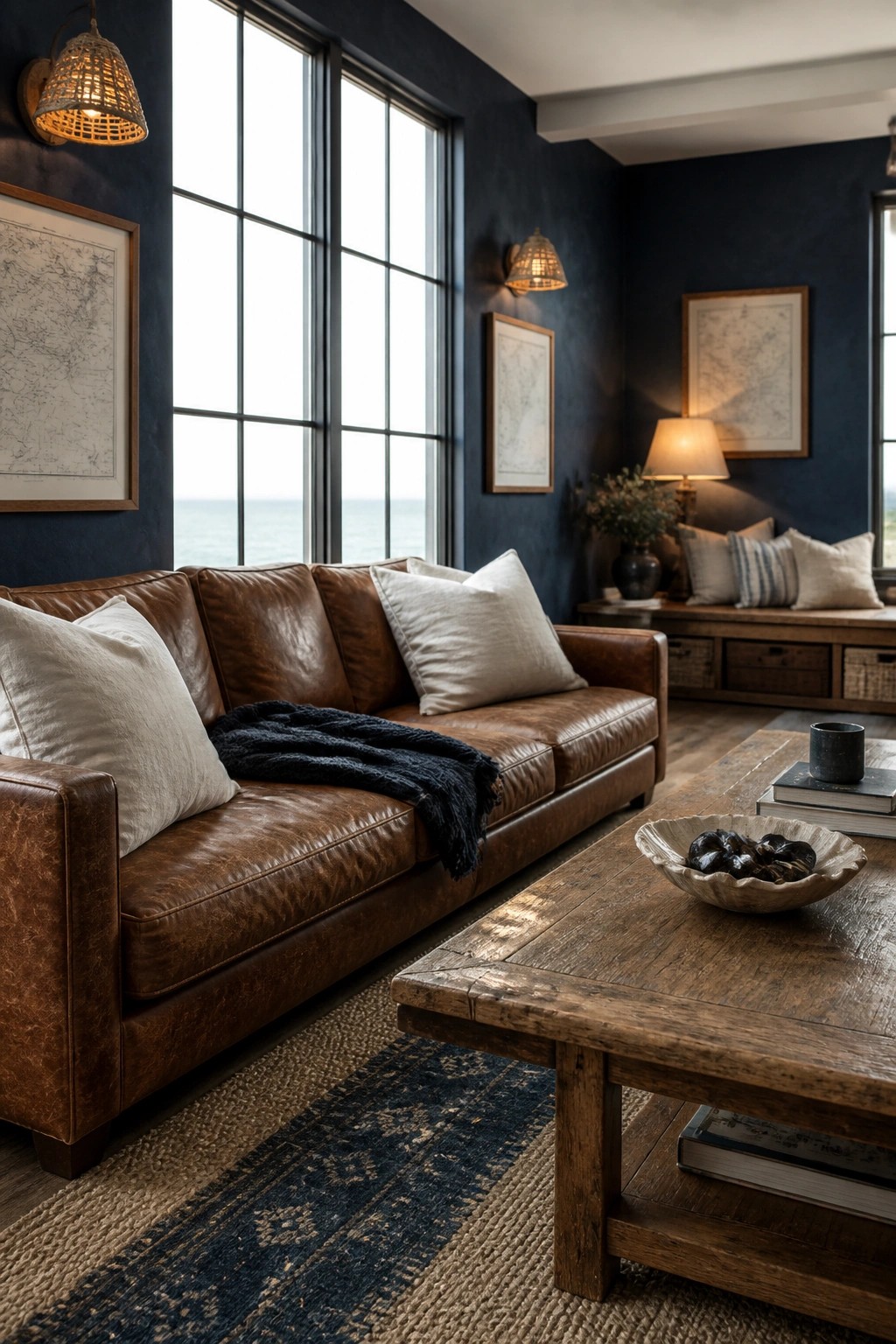 A living room with a brown leather sofa, white pillows, wooden coffee table, and large windows on dark navy walls.