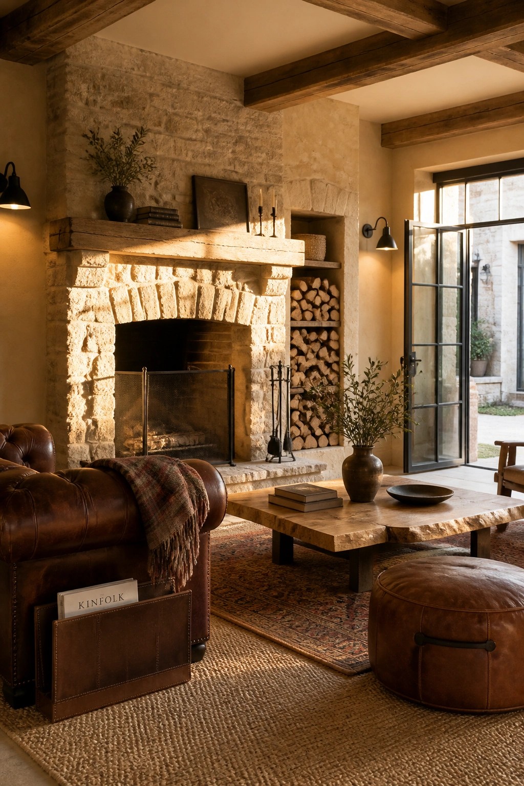 A living room featuring a large stone fireplace with a wooden mantel, stacked firewood niche, brown leather armchair, and rustic coffee table on a woven rug.