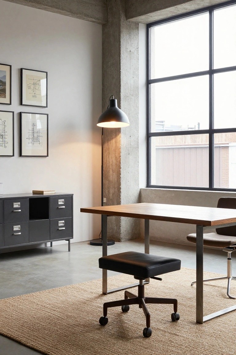 A home office interior with a wooden desk on metal legs, a black leather rolling stool, a dark gray storage cabinet against a white wall, a tall floor lamp, and a large industrial window.