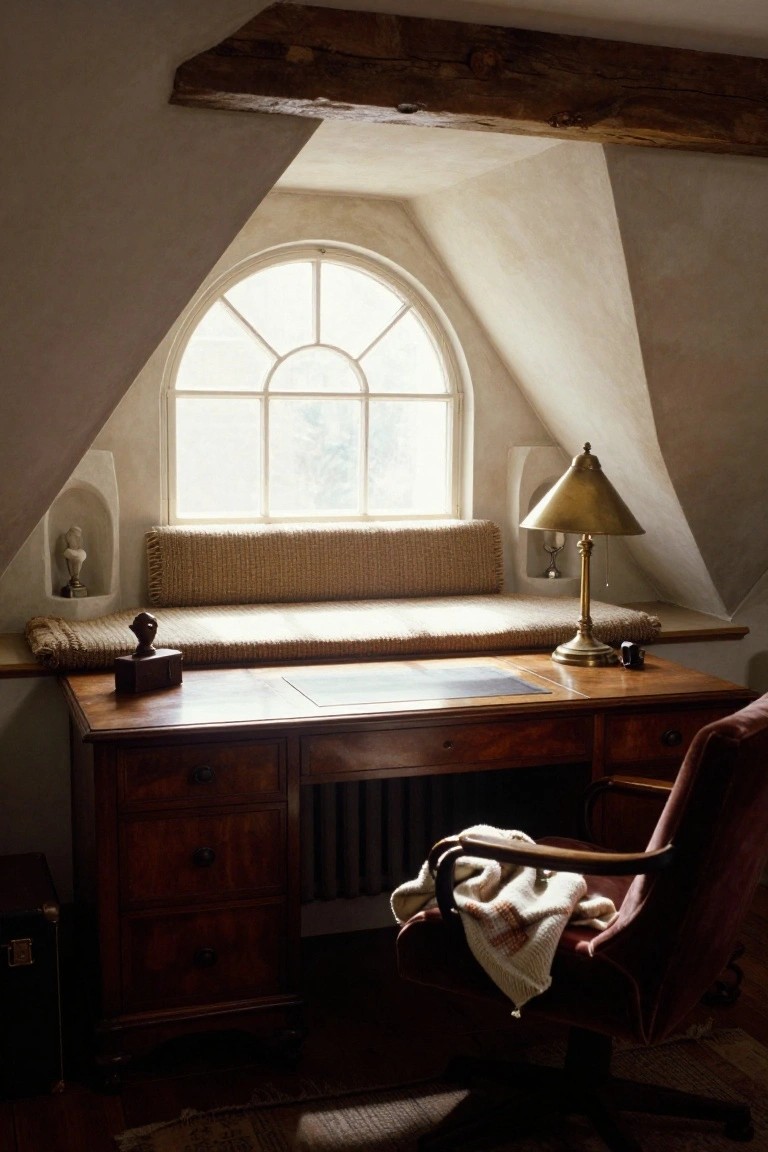A wooden desk positioned in front of an arched window with a cushioned bench beneath it in an attic room.