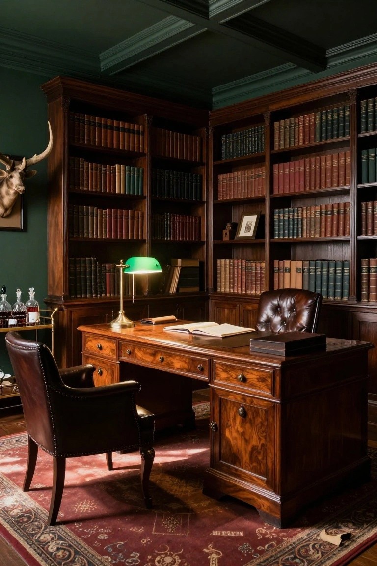 A home office featuring dark wood built-in bookshelves lining two walls, a large wooden desk with an open book, a green desk lamp, and two brown leather chairs on a patterned red rug.