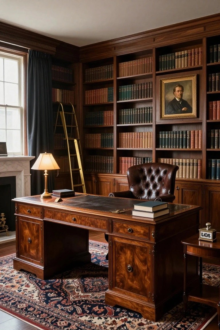 A traditional home office featuring dark wood built-in bookshelves filled with books, a large wooden desk, and a brown leather armchair on a patterned rug.